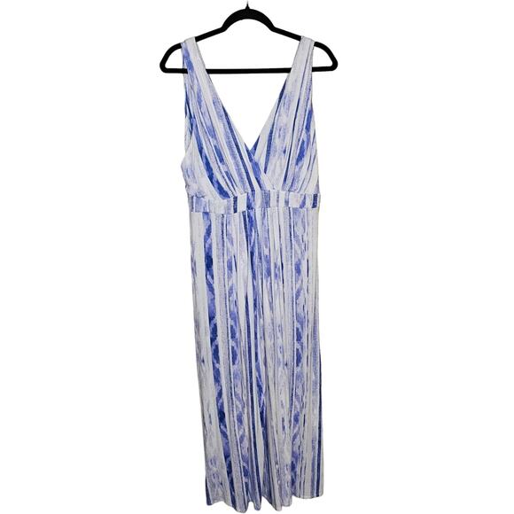 LEMON TART V NECK LONG ADRIANNA MAXI DRESS SUMMER SOFT WHITE BLUE SIZE Plus 1X - Picture 2 of 12